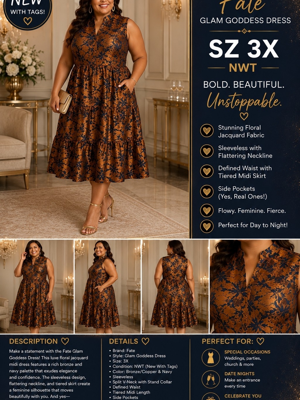 Fate Glam Goddess Dress — Bronze & Navy Floral Jacquard